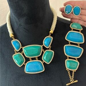 Carolee Gold-Tone Necklace, Bracelet & Earring Set in Turquoise and Bright Blue